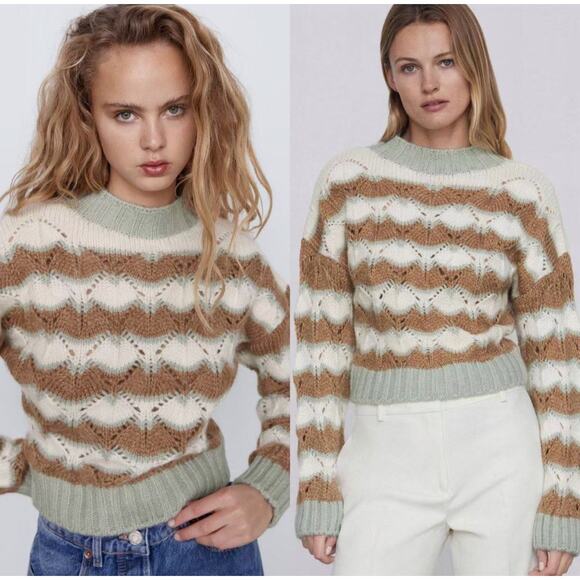 Zara Sweaters - Zara Pointelle Alpaca Wool Blend Striped Sweater Size Small